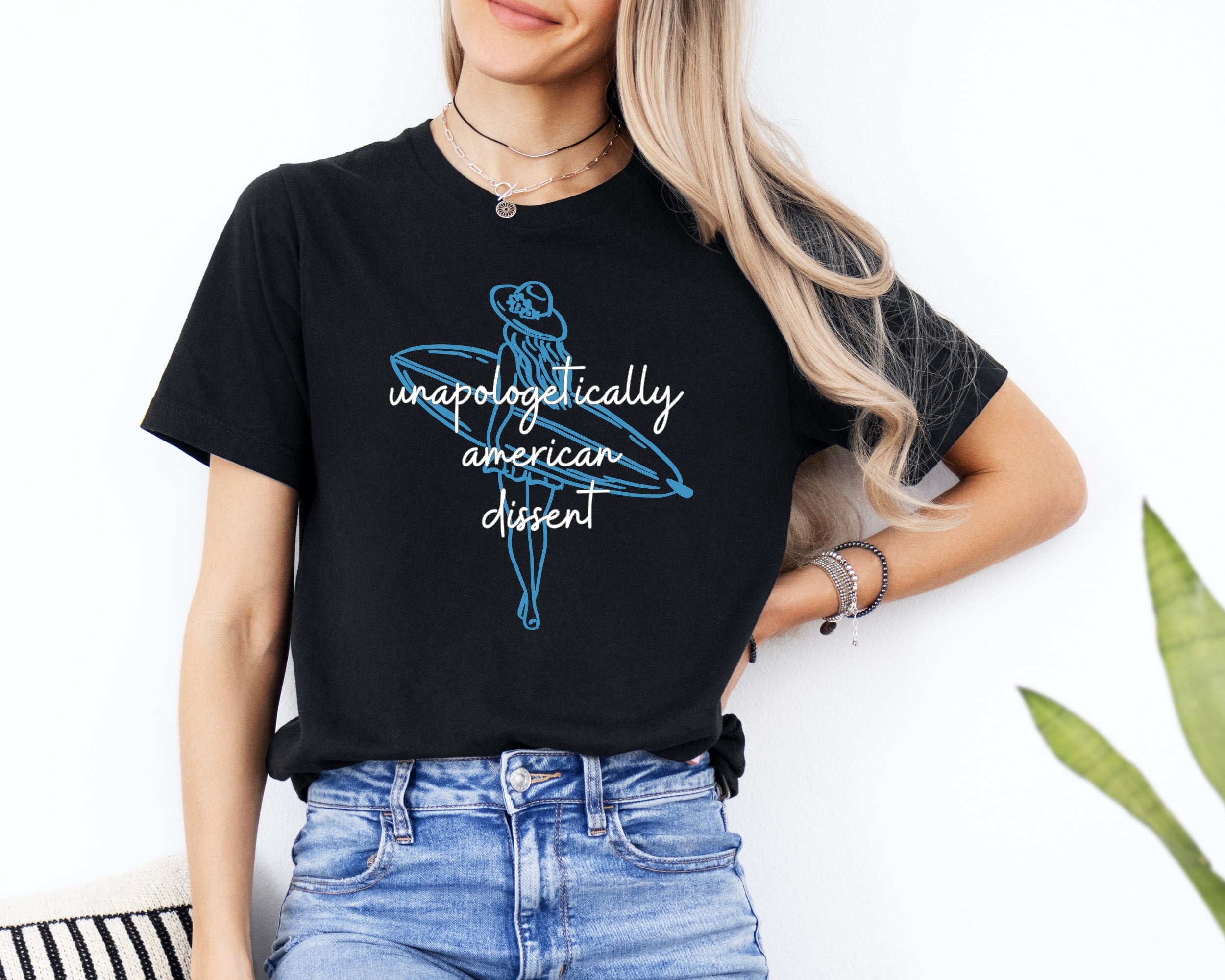 Unapologetically American Dissent Surf Girl T-Shirt – Retro Patriotic Beach Tee, Freedom & Surfing Graphic Shirt, USA Coastal Lifestyle Top