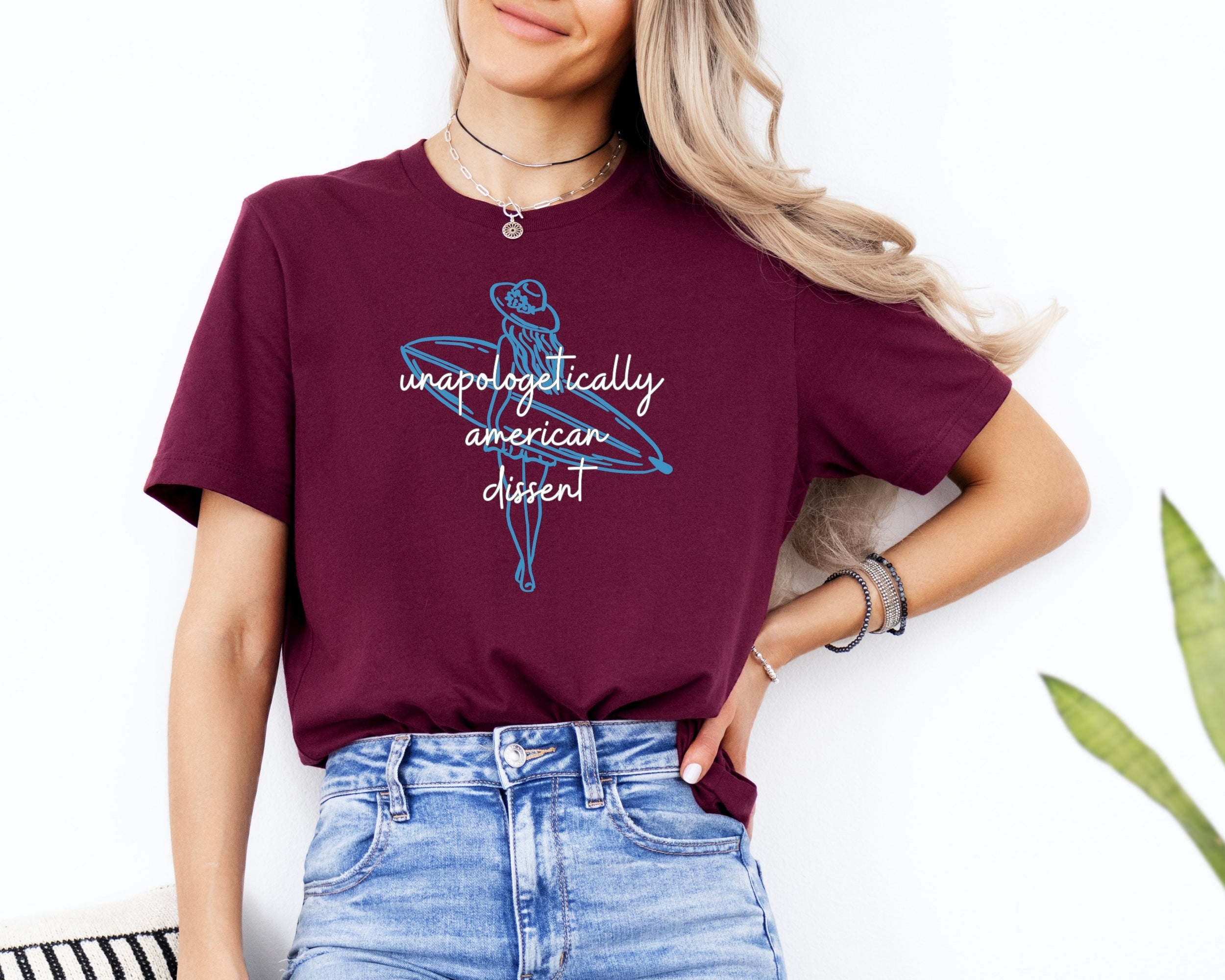 Unapologetically American Dissent Surf Girl T-Shirt – Retro Patriotic Beach Tee, Freedom & Surfing Graphic Shirt, USA Coastal Lifestyle Top