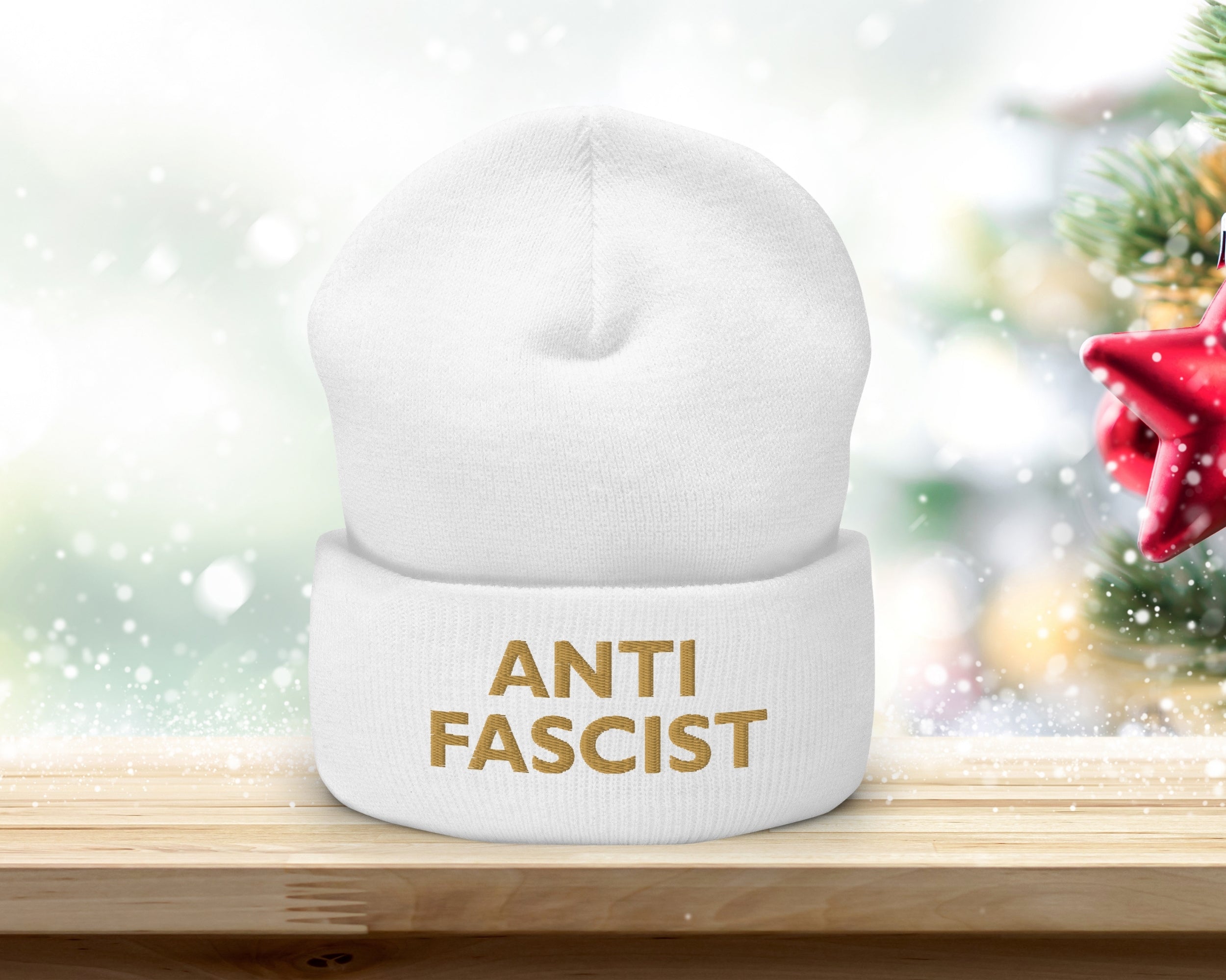 Antifascist Embroidered Beanie – Activist Winter Hat, Political Statement Knit Cap