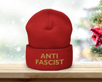 Antifascist Embroidered Beanie – Activist Winter Hat, Political Statement Knit Cap