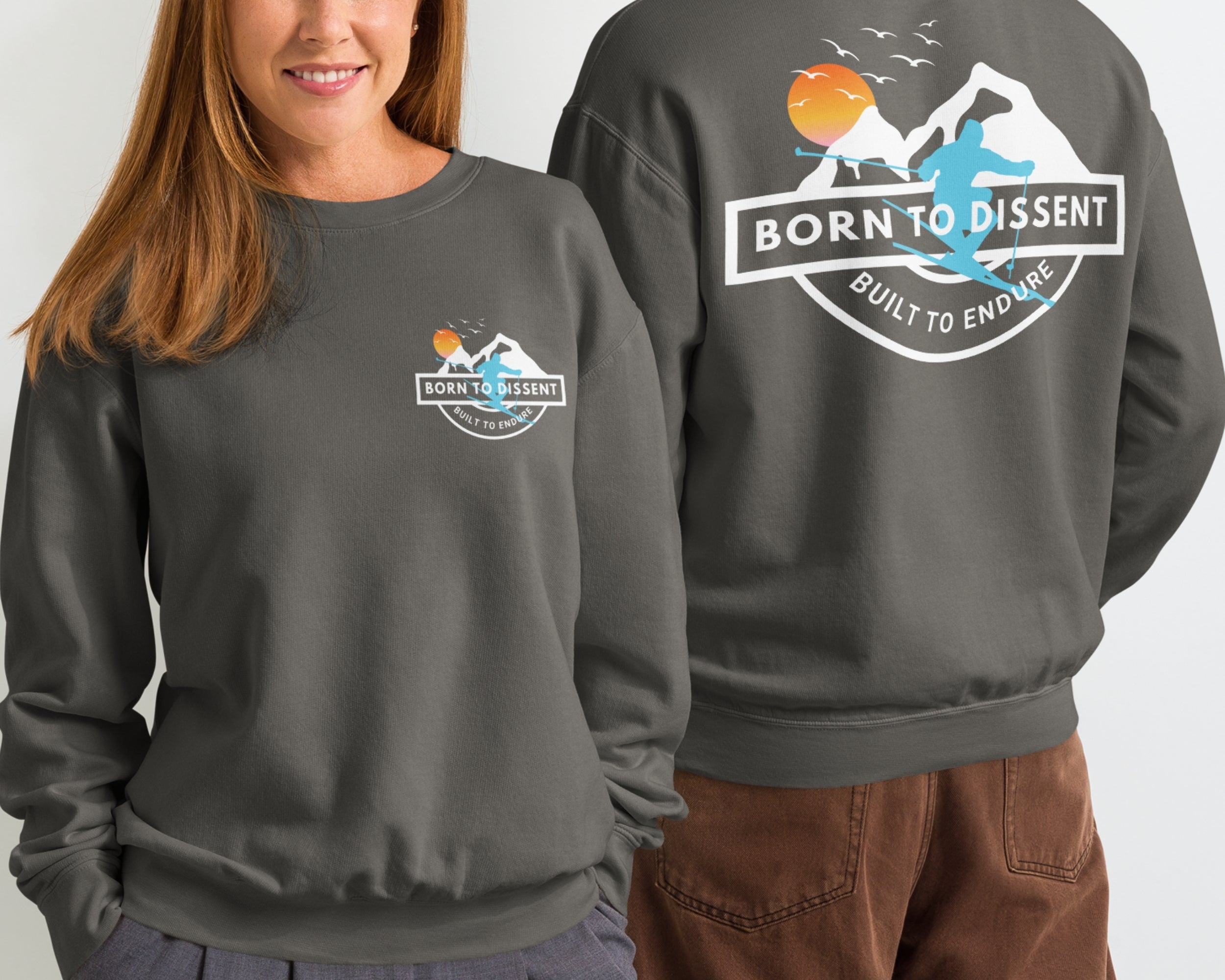 Born to Dissent Ski Graphic Sweatshirt – Activist Streetwear for Rebels, Unisex garment-dyed fleece crewneck sweatshirt