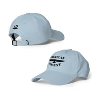 Classic Dad Hat – “American Dissent” Embroidered Front + AD Icon Back | Patriotic Statement Cap | Minimalist Activist Hat