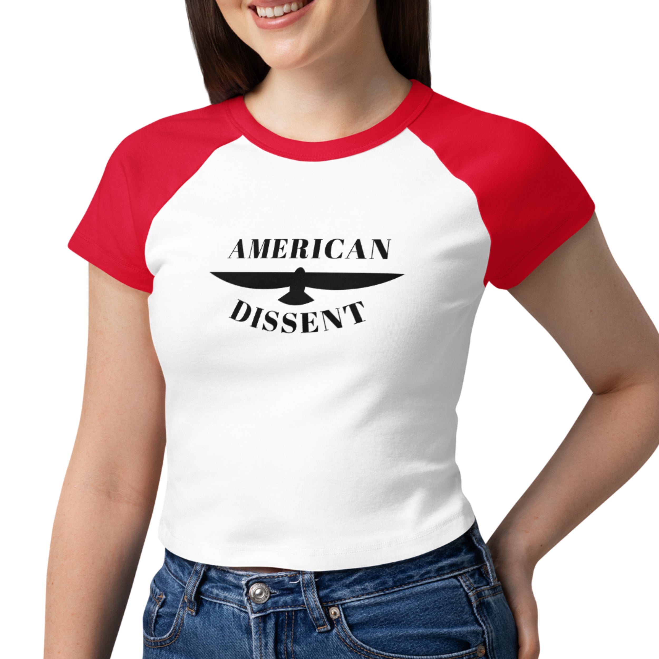 American Dissent Women’s Baby Tee | Bella + Canvas Micro Rib Raglan | Fitted Graphic Statement Top