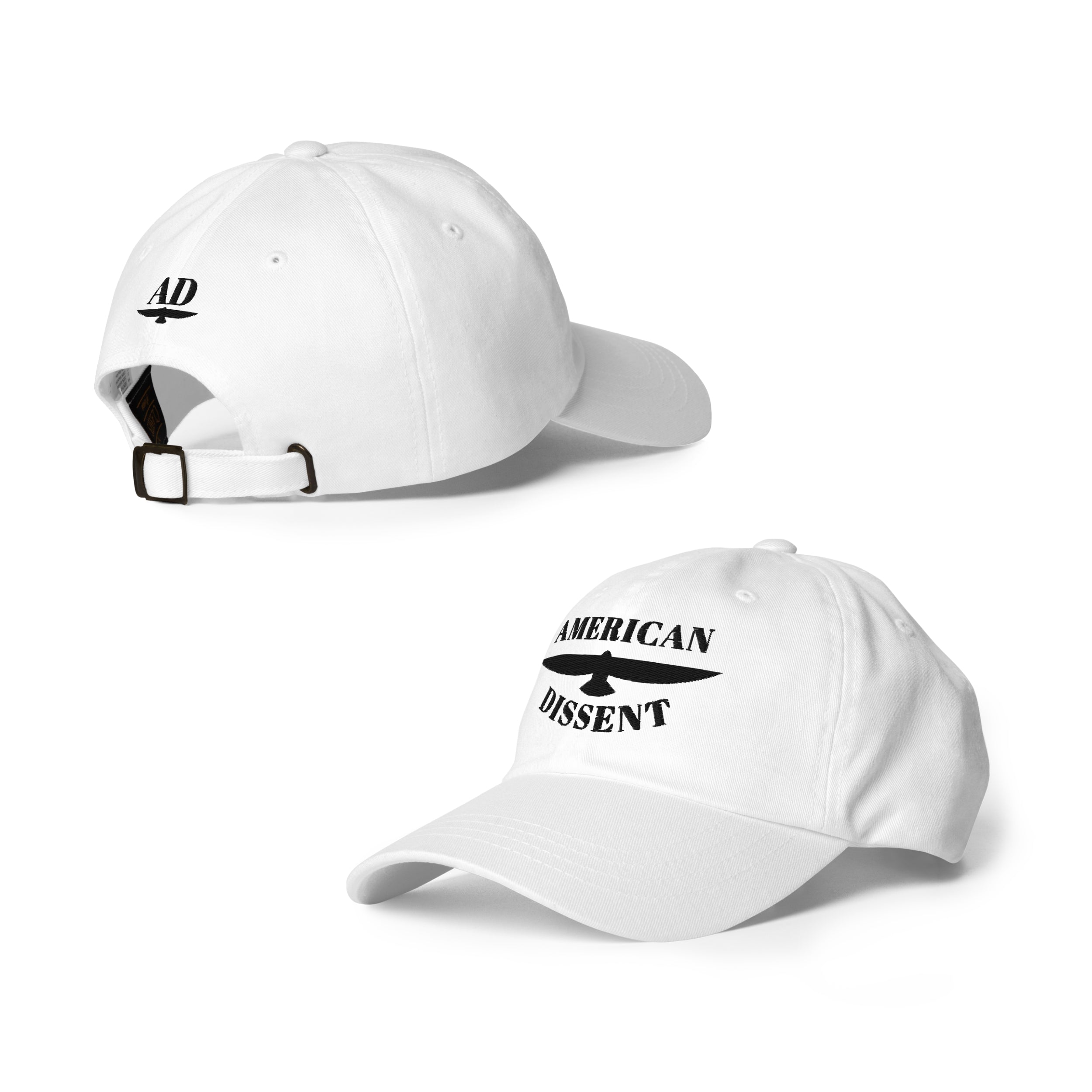 Classic Dad Hat – “American Dissent” Embroidered Front + AD Icon Back | Patriotic Statement Cap | Minimalist Activist Hat