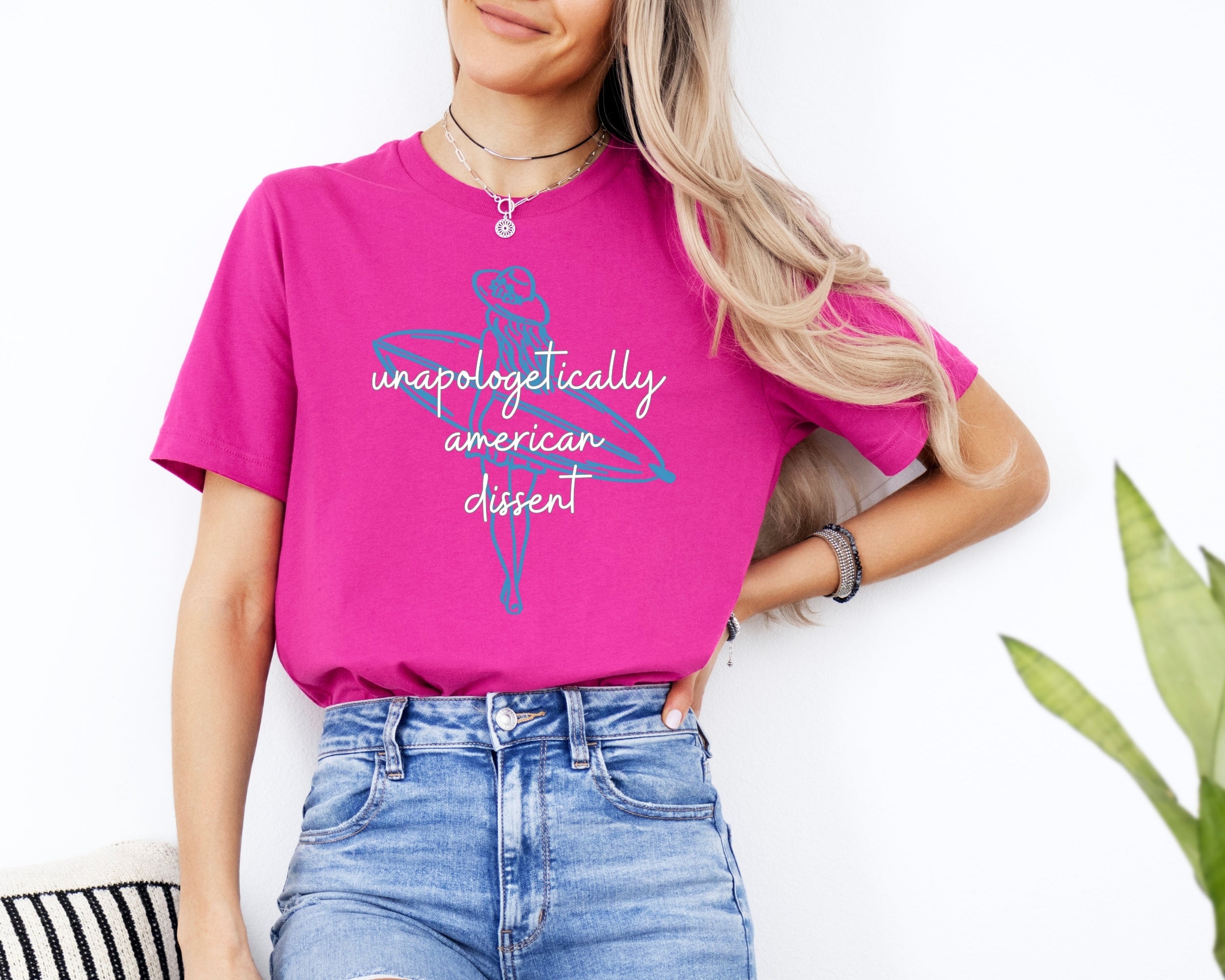 Unapologetically American Dissent Surf Girl T-Shirt – Retro Patriotic Beach Tee, Freedom & Surfing Graphic Shirt, USA Coastal Lifestyle Top