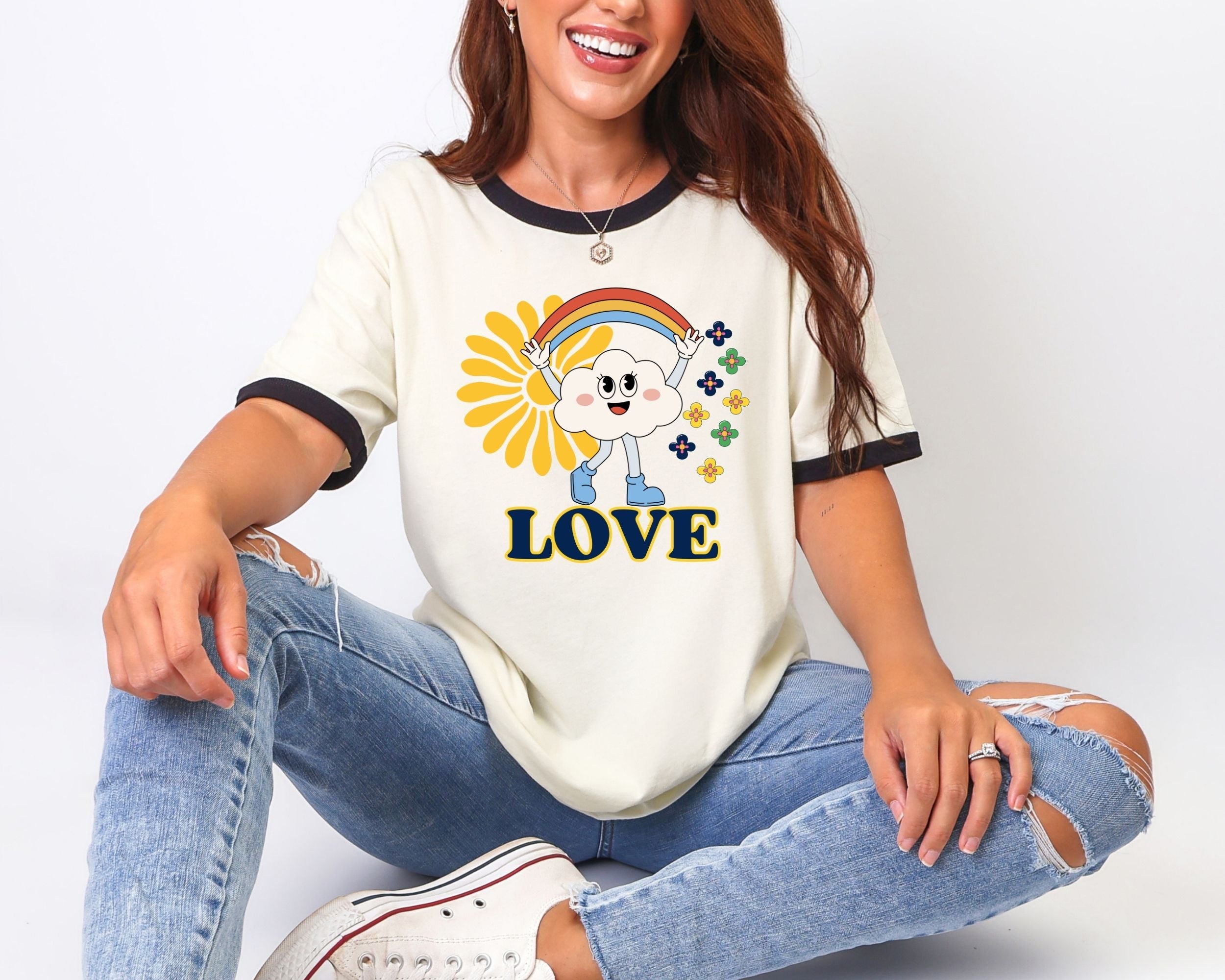 Retro Rainbow LOVE Graphic | Pride Shirt | Aesthetic Streetwear Tee | Unisex Ringer T-Shirt