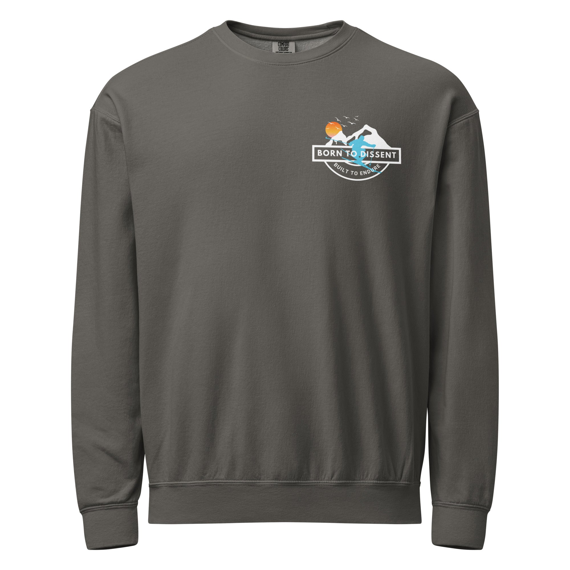 Born to Dissent Ski Graphic Sweatshirt – Activist Streetwear for Rebels, Unisex garment-dyed fleece crewneck sweatshirt